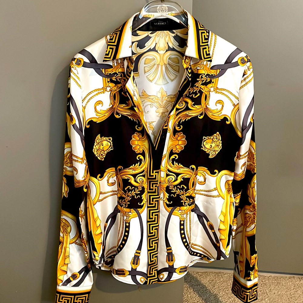 Versace silk button up top! White Gold & Black